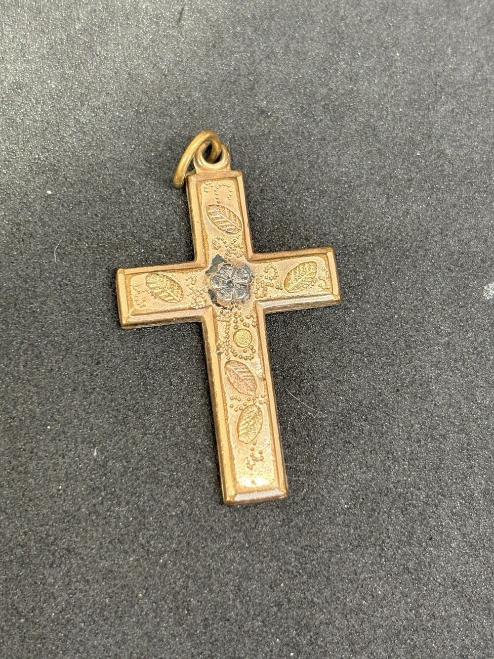 Vintage Victorian Two Tone Gold Filled Religious Floral Cross Charm Pendant 1.75